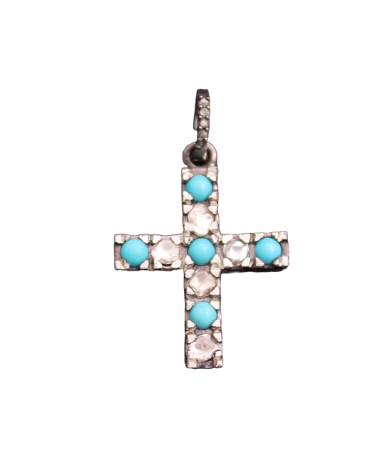 Small Cross Design Diamond with Polki and Turquoise Pendant