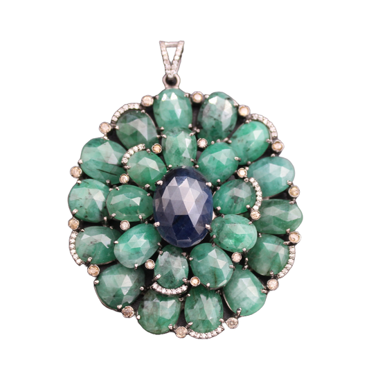 Big Flower Design Diamond and Gemstone Pendant
