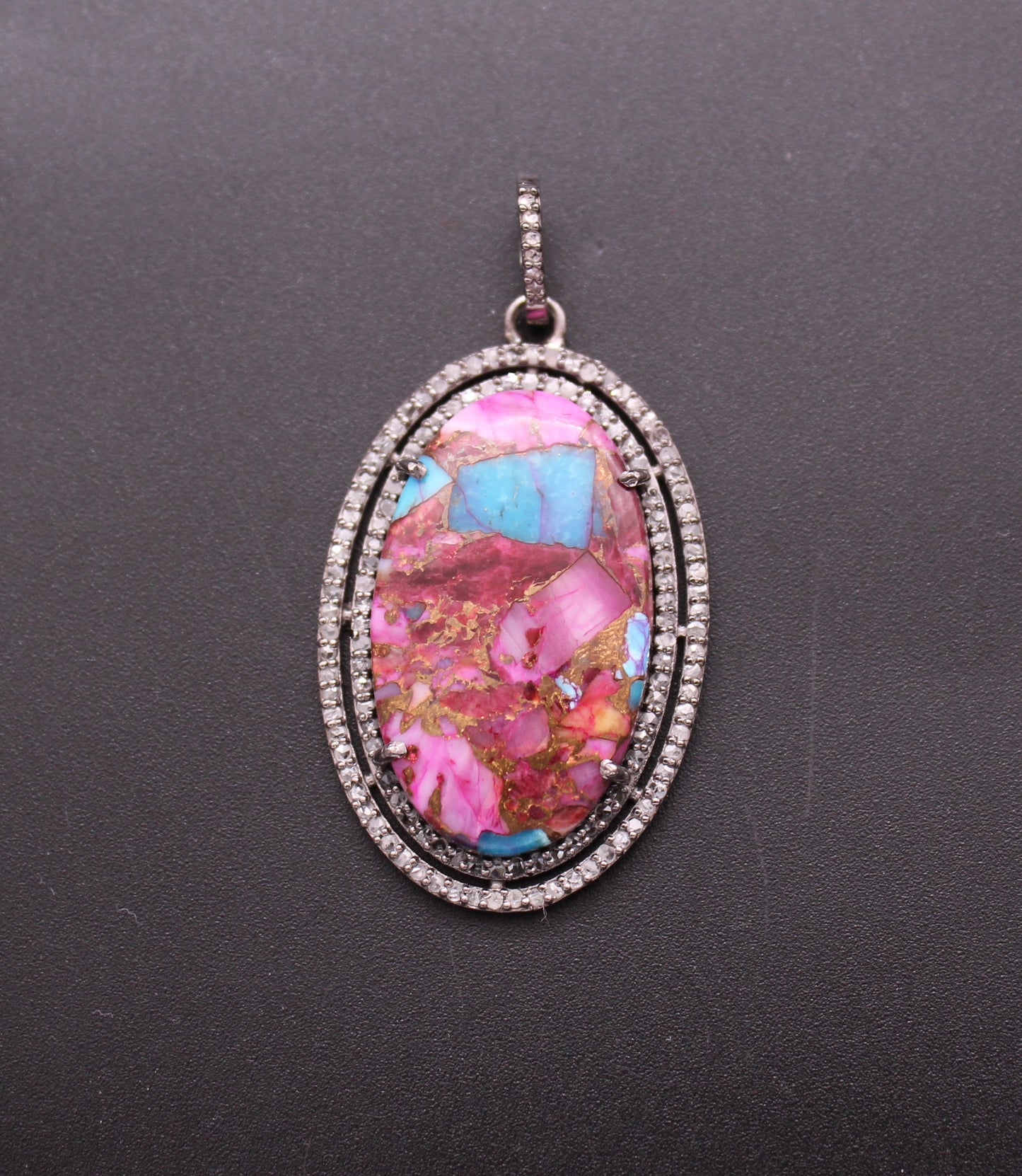 Double Layer Oval Diamond and Gemstone Pendant