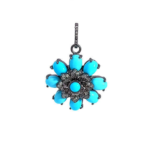 Flower Design Diamond and Turquoise Pendant