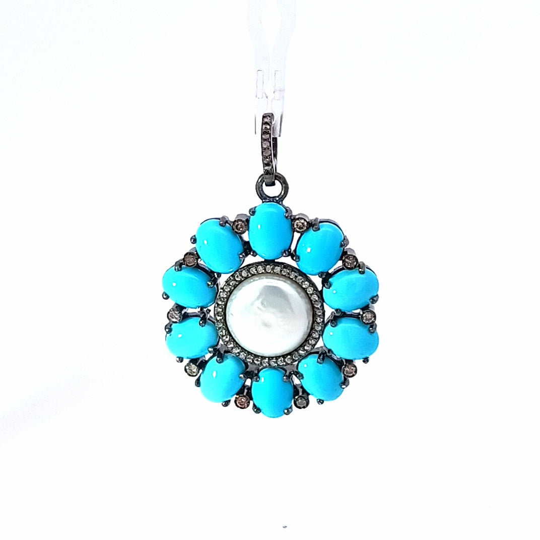 Flower Diamond and Turquoise Pendant