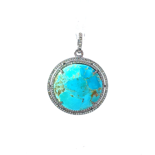Double Raw Round Diamond & Turquoise Pendant