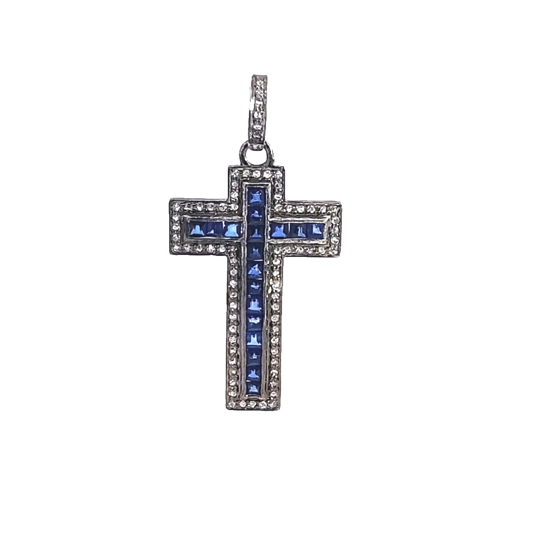 Cross Diamond & Blue Sapphire Pendent