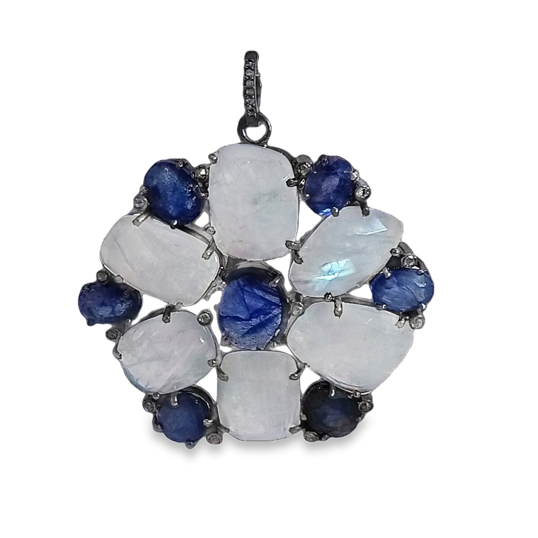 Flower Moon Stone, Blue Sapphire and Diamond Pendant