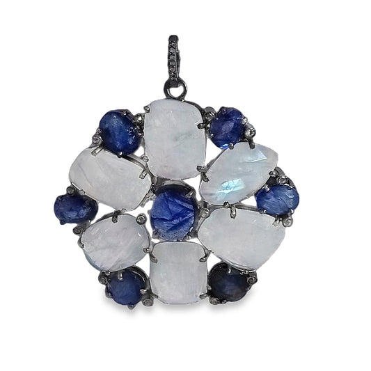 Flower Moon Stone, Blue Sapphire and Diamond Pendant