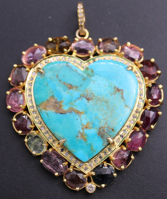 Turquoise Diamond Heart with Multi stone Pendant