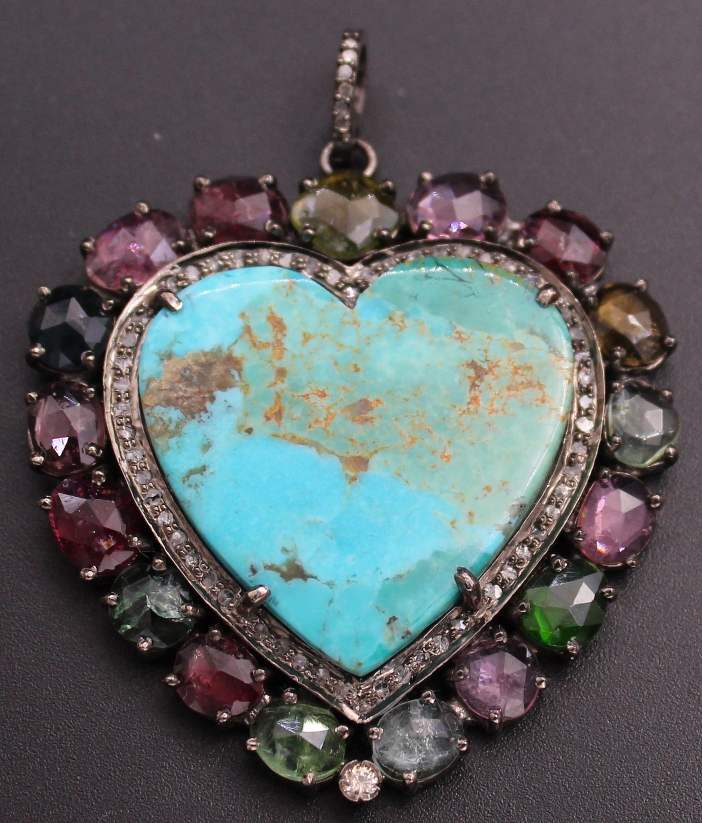 Turquoise Diamond Heart with Multi stone Pendant