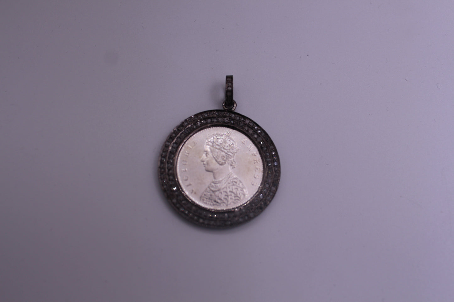 Round Double Row Diamond and Silver Coin Pendant