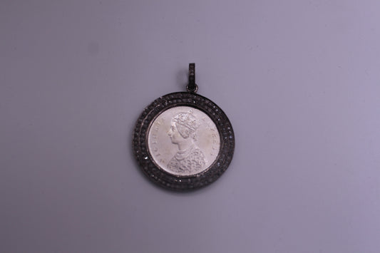 Round Double Row Diamond and Silver Coin Pendant