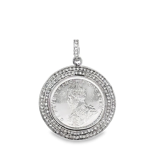 Round Double Row Diamond and Silver Coin Pendant