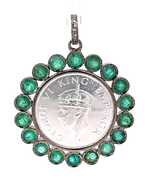 SILVER COIN GINI EMERALD PENDANT
