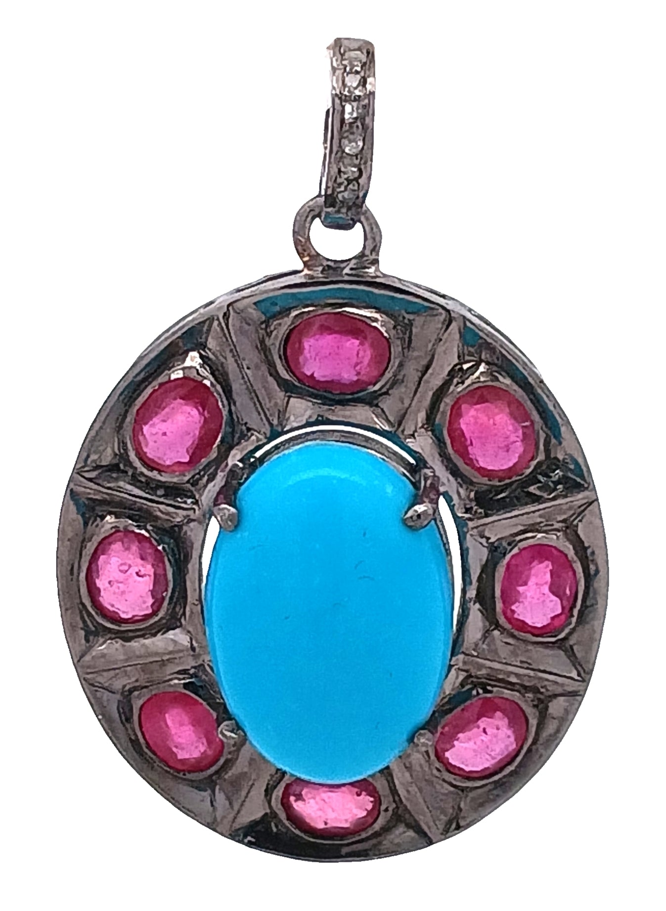 Oval Turquoise & Blue Sapphire/Ruby/Emerald Pendant