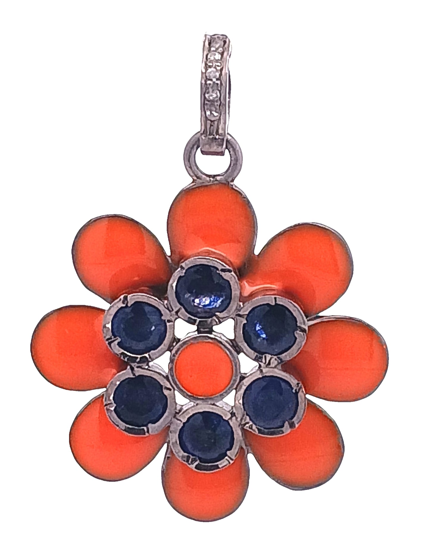 Diamond And Enamel With Ruby & Blue Sapphire Flower Pendant