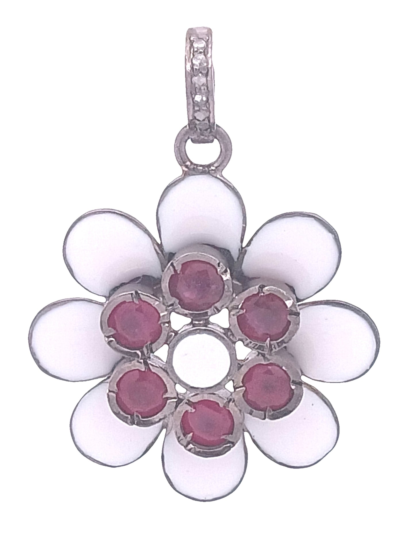 Diamond And Enamel With Ruby & Blue Sapphire Flower Pendant