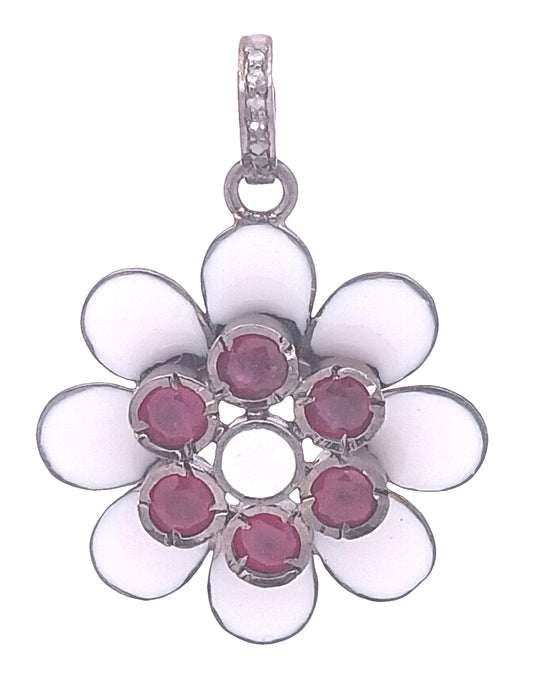 Diamond And Enamel With Ruby & Blue Sapphire Flower Pendant