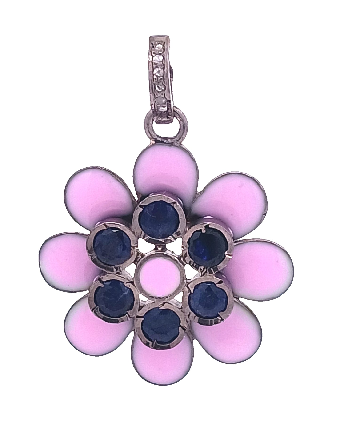 Diamond And Enamel With Ruby & Blue Sapphire Flower Pendant