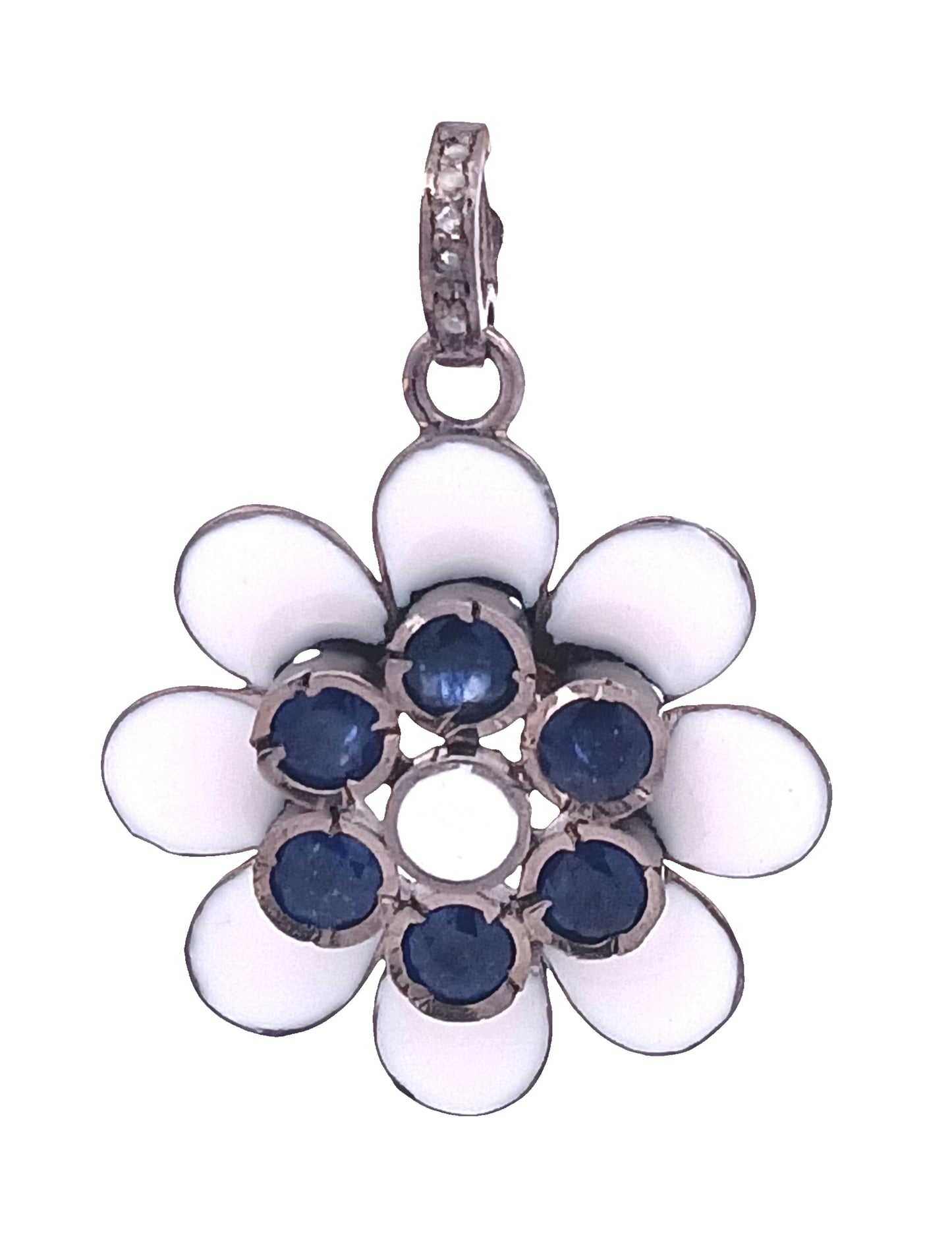 Diamond And Enamel With Ruby & Blue Sapphire Flower Pendant
