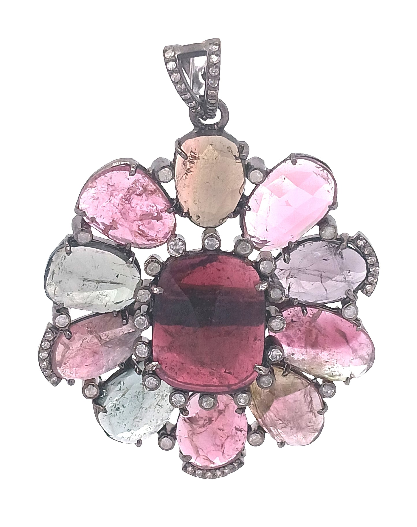 Diamond & Multi Tourmaline Stone Flower Pendant