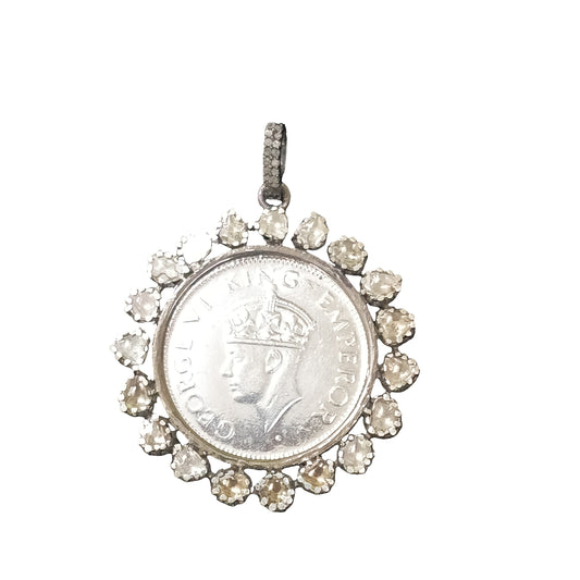 Diamond and Polki Silver Gini Coin Pendant