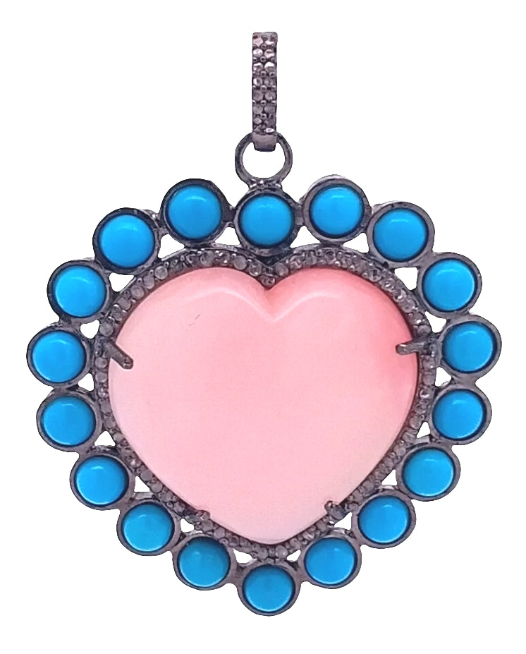 Diamond & Pink Opal And Turquoise Heart Pendant