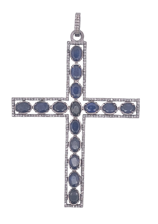 Diamond & Blue Sapphire Cross Pendant