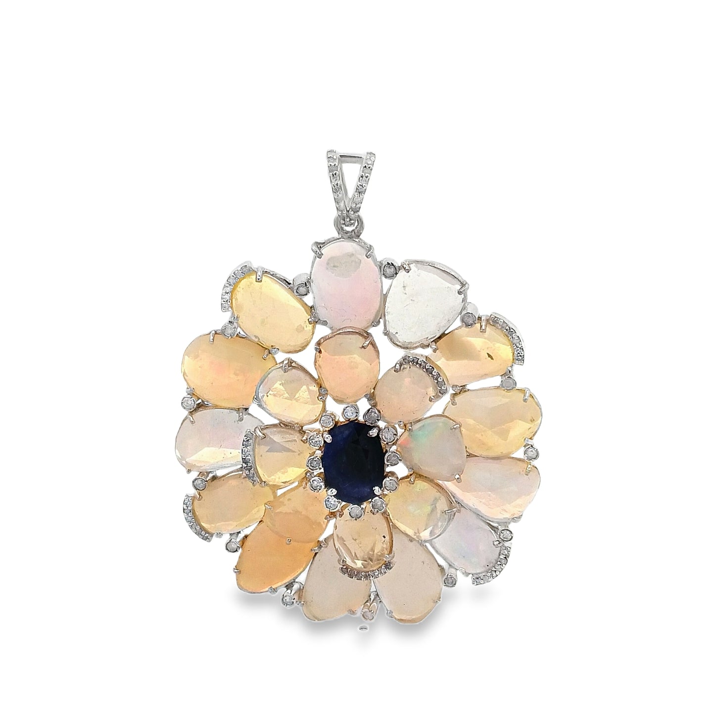 Diamond & Opal With Blue Sapphire Flower Pendant