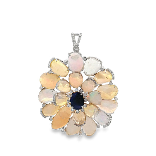 Diamond & Opal With Blue Sapphire Flower Pendant