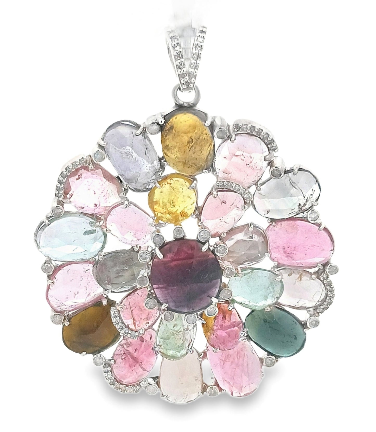 Diamond & Multi Tourmaline Stone Flower Pendant