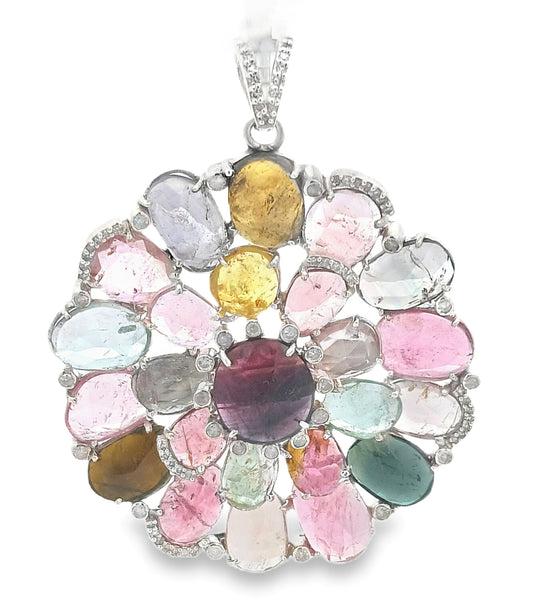 Diamond & Multi Tourmaline Stone Flower Pendant