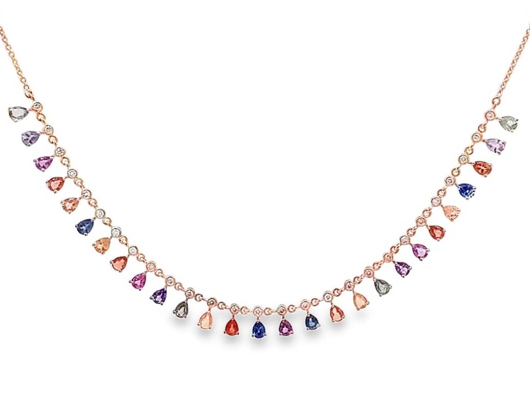 14 kt Gold,diamond and Multi Sapphire Drop Necklace