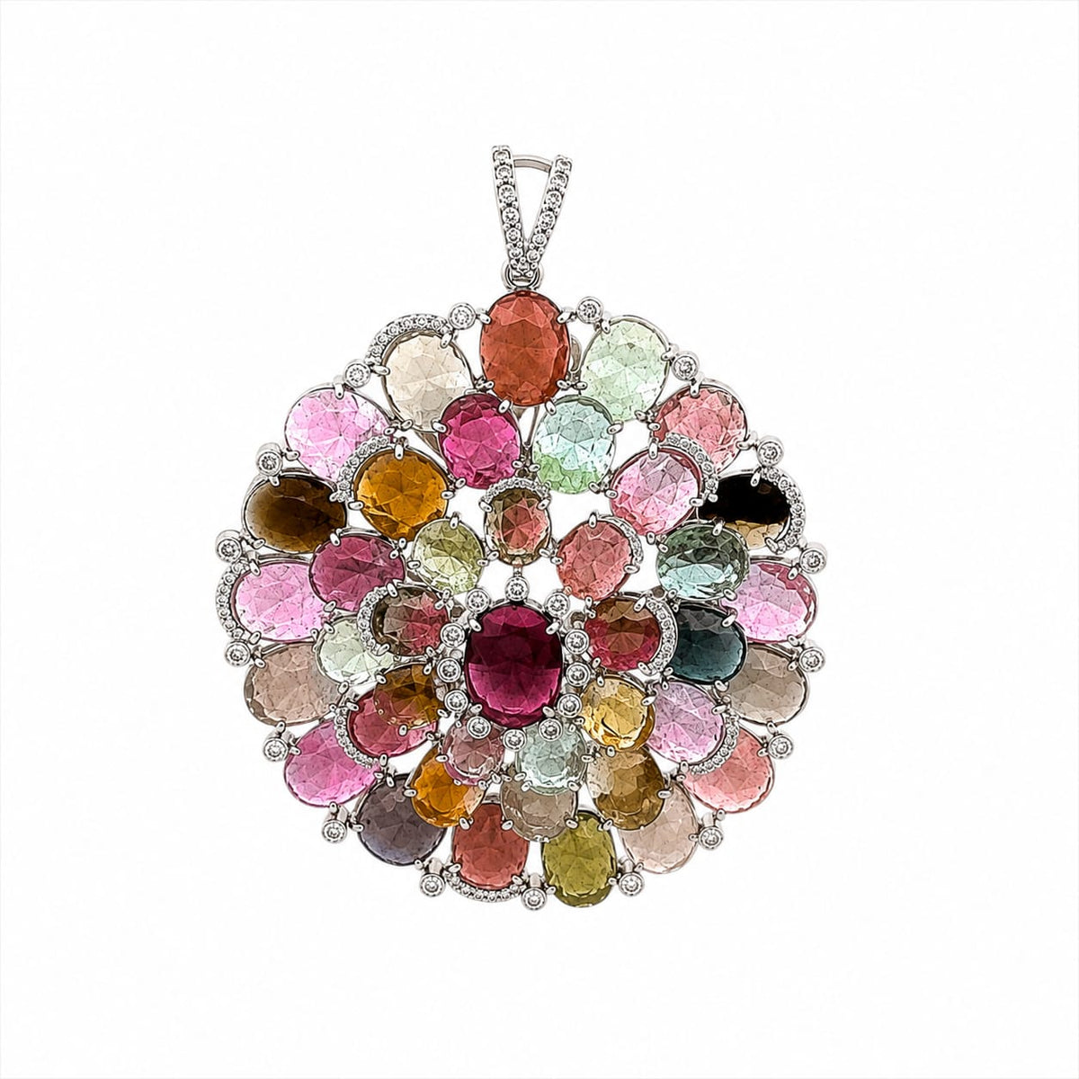 Diamond & Multi Tourmaline Stone Flower Pendant