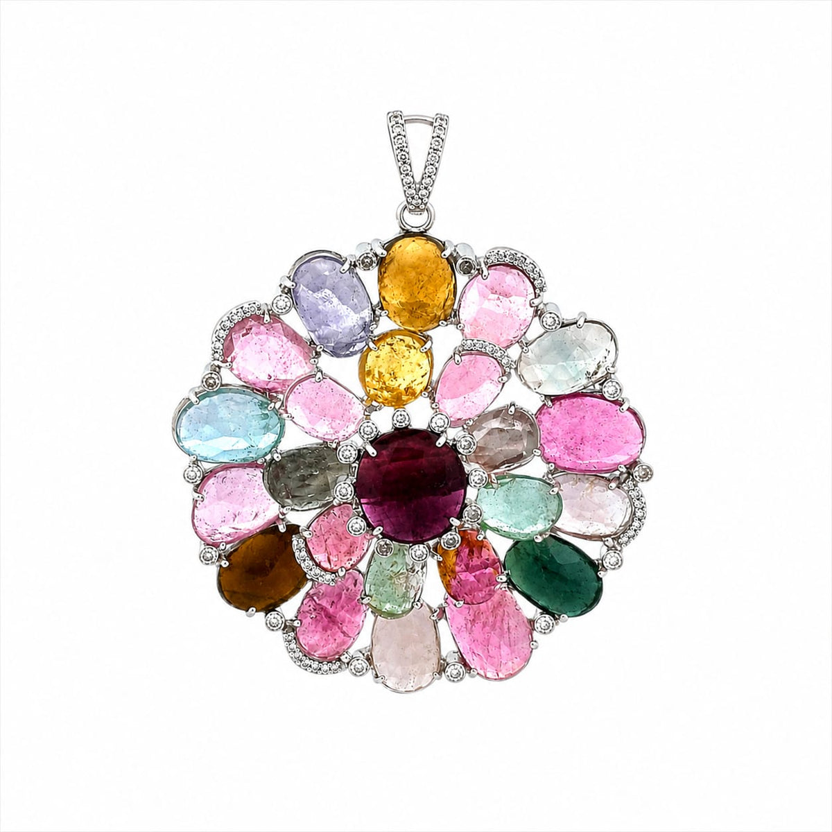 Diamond & Multi Tourmaline Stone Flower Pendant