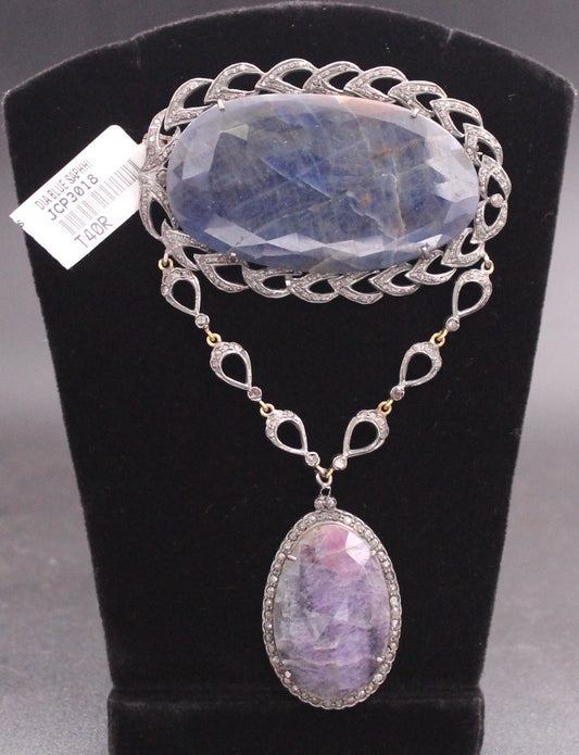 Silver Diamond and Multi Sapphire Brooch