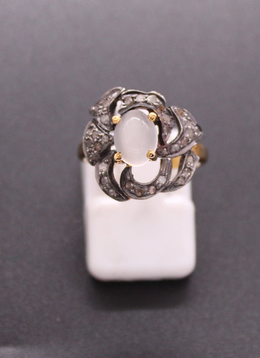 Gold & Silver Diamond and Moon Stone Ring