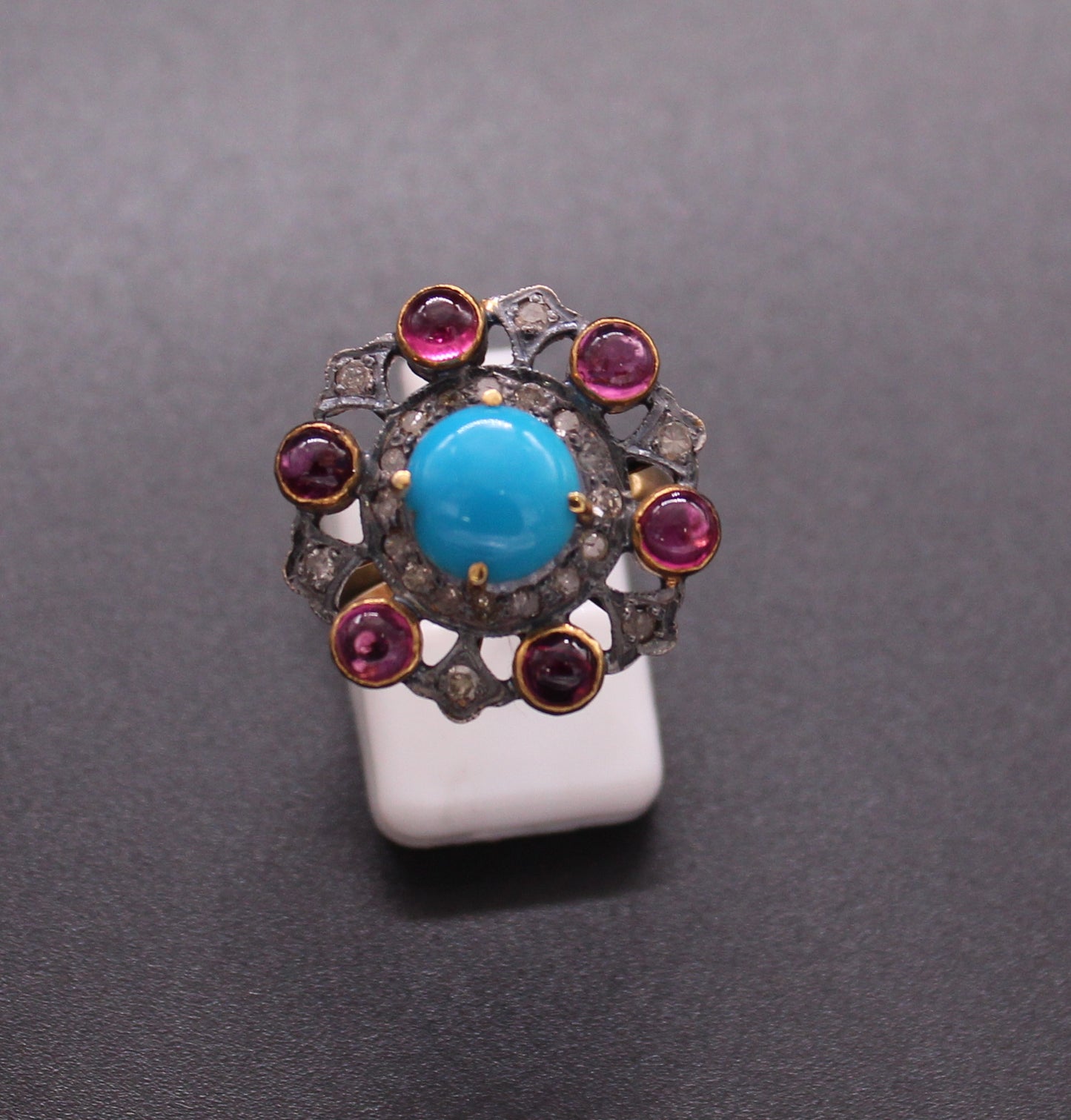 Flower Diamond Silver and Gemstone Ring