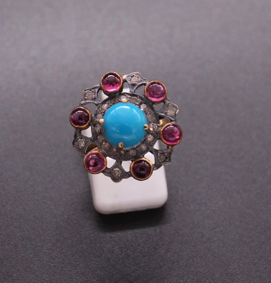 Flower Diamond Silver and Gemstone Ring