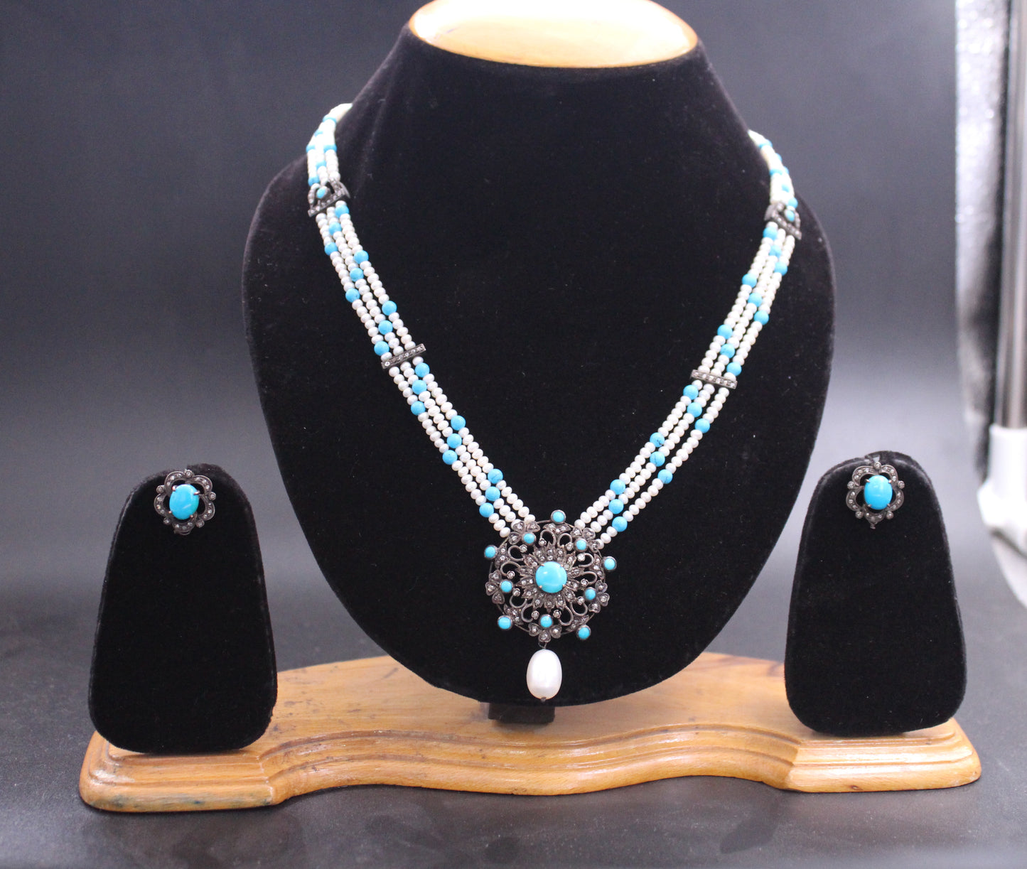 Silver Gold Diamond and Turquoise or Pearl Necklace
