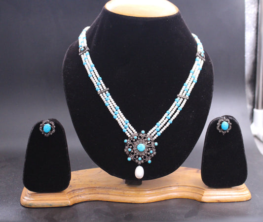 Silver Gold Diamond and Turquoise or Pearl Necklace